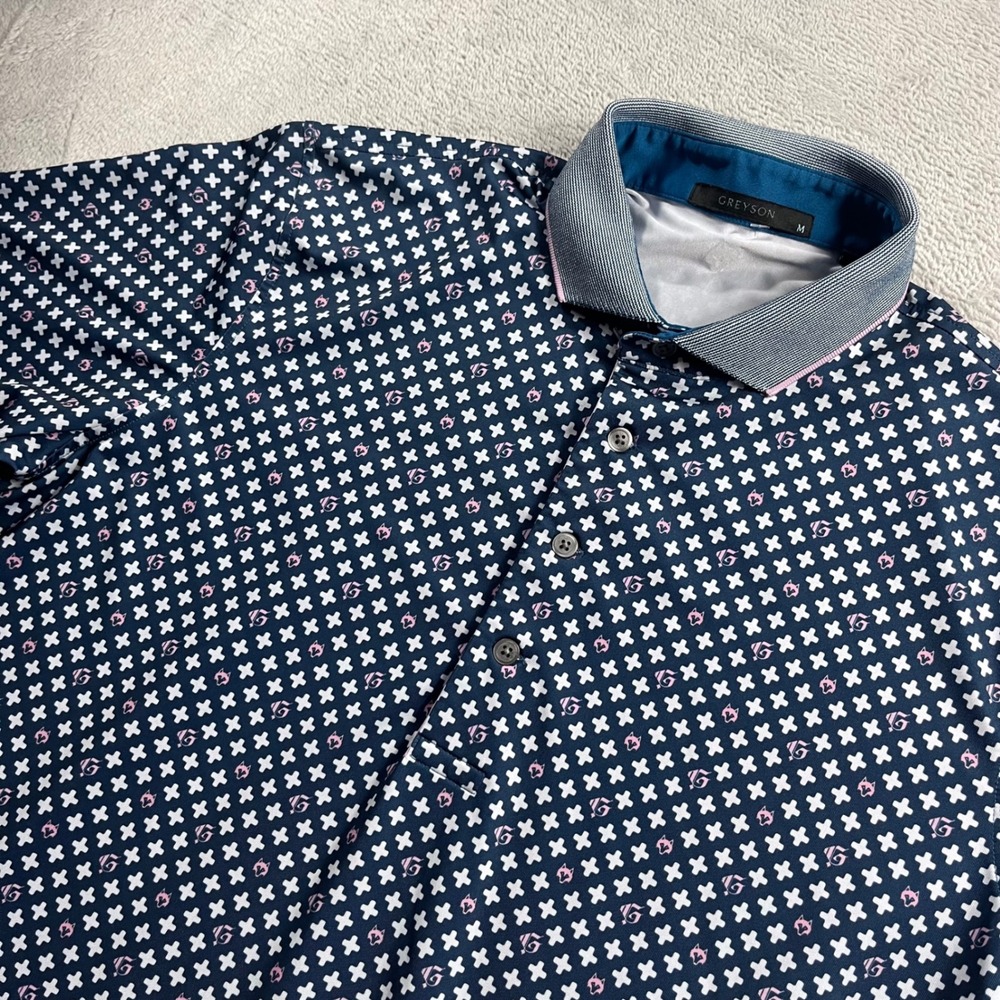 Greyson Mens Golf Polo Shirt Navy Blue Pink Wolf Cross Print Size M